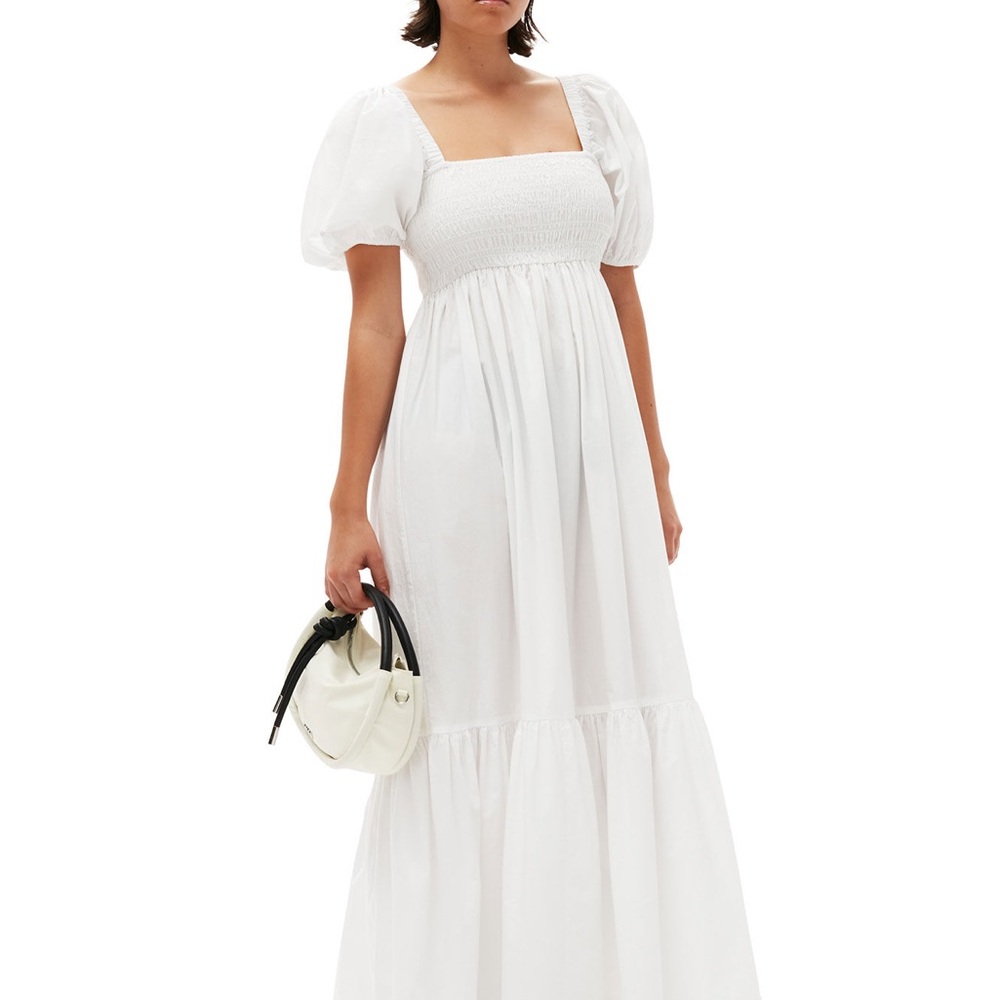 Ganni White Cotton Poplin Smock Maxi Dress | New with Tags | Size 8/10